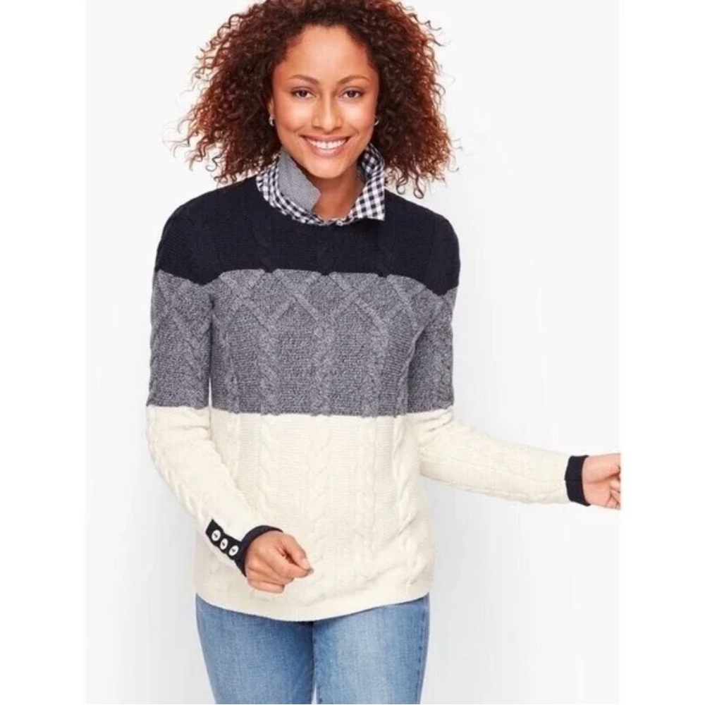 Talbots Womenâs Chunky Cable Knit Color Block Nautical Sweater-size PL *NEW*